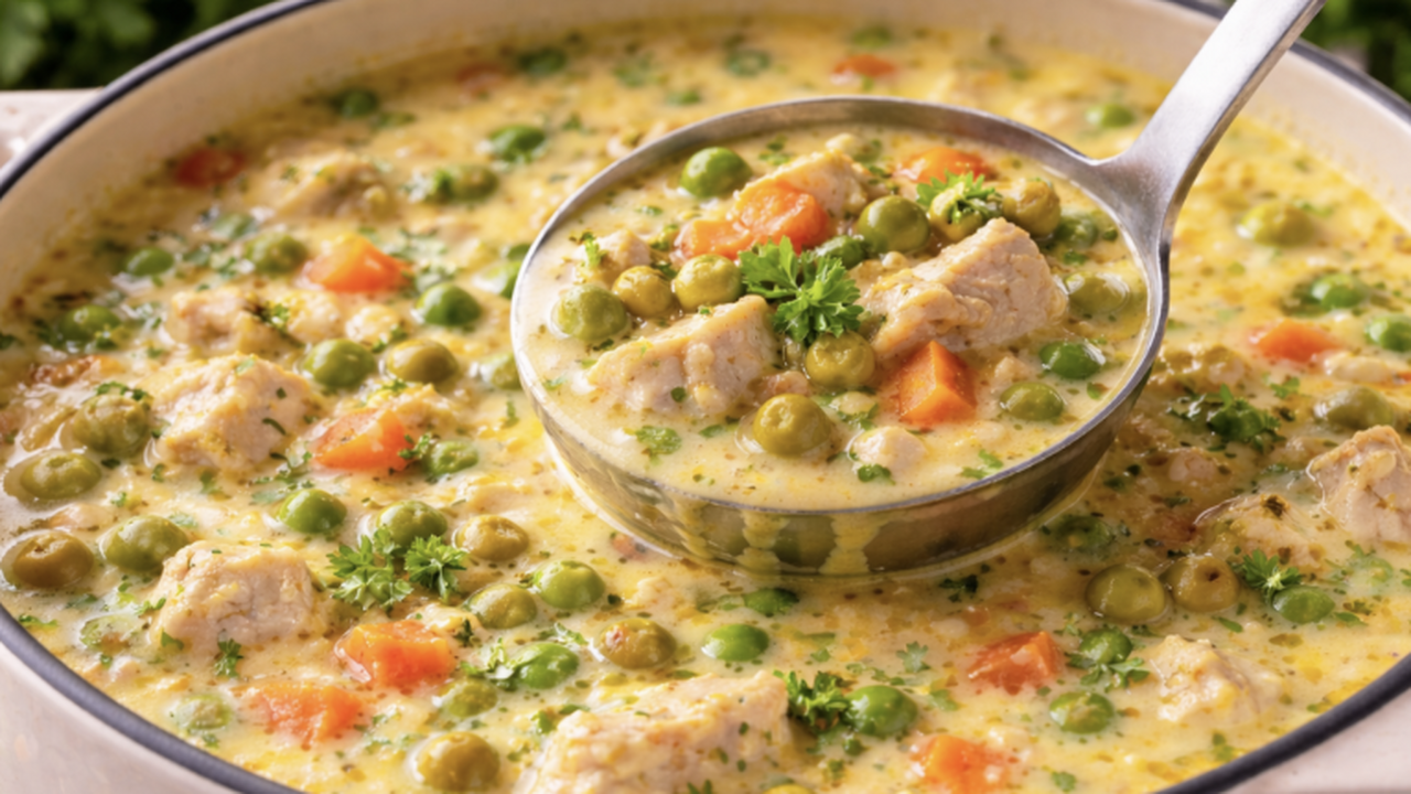 Сырный суп с курицей и горошком: альтернатива привычным первым блюдам Сырный суп с курицей и зелёным горошком рассмат...