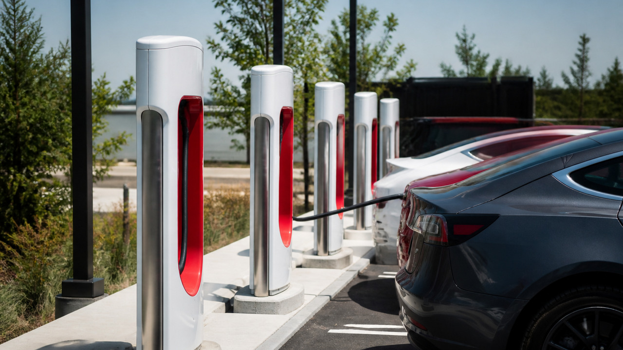 Tesla представила сборные зарядные станции Accordion: монтаж дешевле на 20% Tesla запустила в Германии первую зарядную стан...